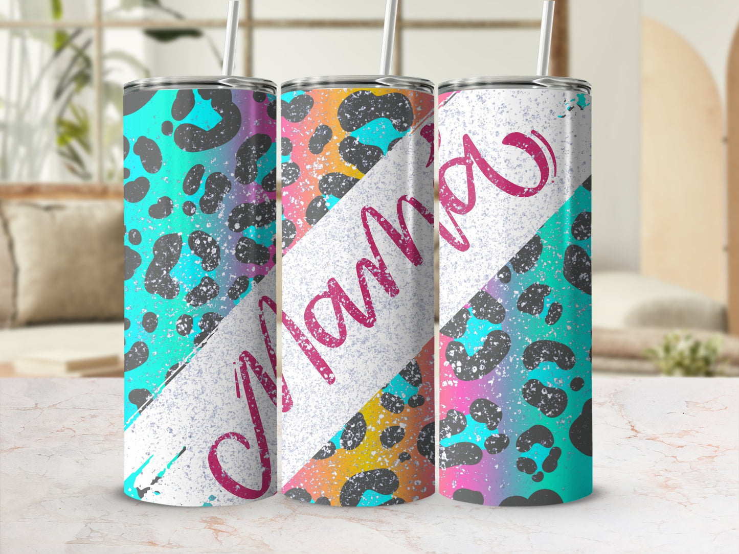 Colorful Leopard Print MAMA Design Tumbler Cup