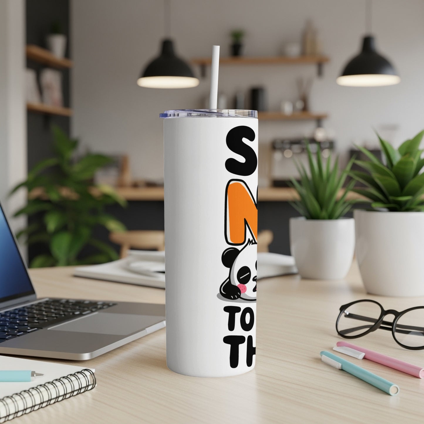 White tumbler with "SNUGGLE TOGETHER" text and a panda illustration.