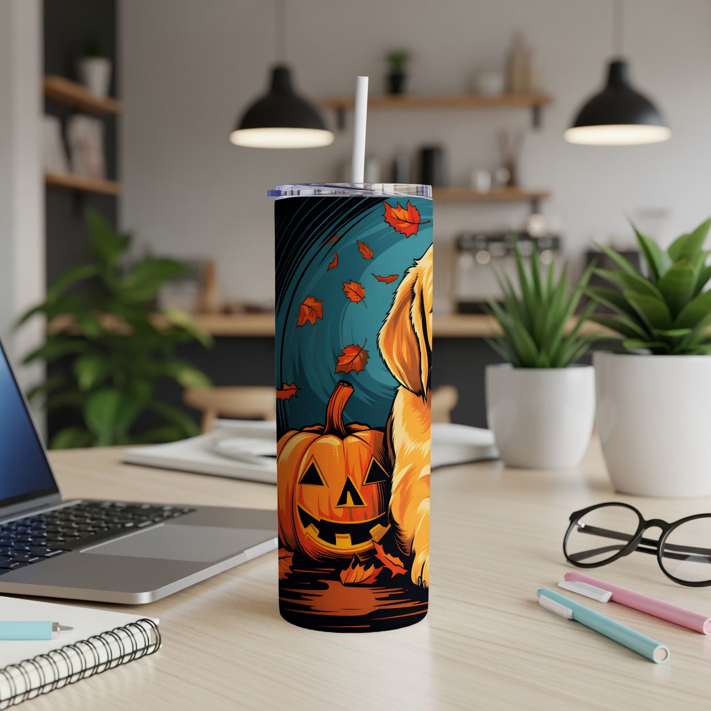 Tumbler with golden retriever, jack-o-lantern, and autumn leaves design.
