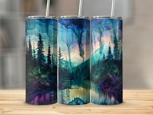 Triptych of tumblers with abstract watercolor forest and lake design.