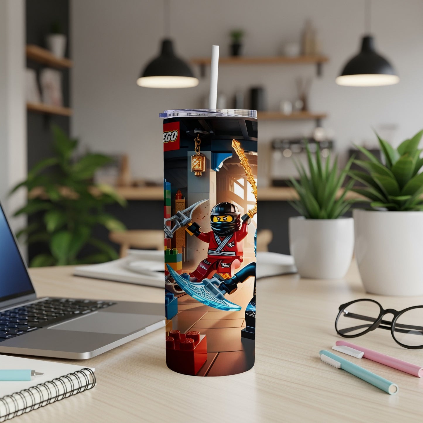 LEGO Ninjago tumbler with Kai on a blue skateboard.
