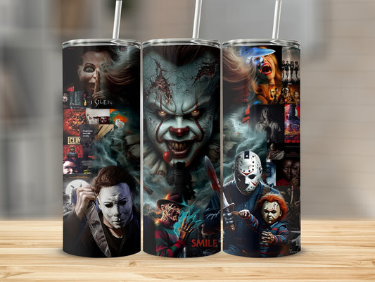 Horror movie characters and collage on a tumbler with "Smile" and "Silence" text.