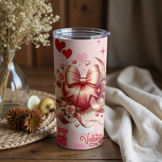 Valentine Themed Decorated Tumbler with Heart and Bow