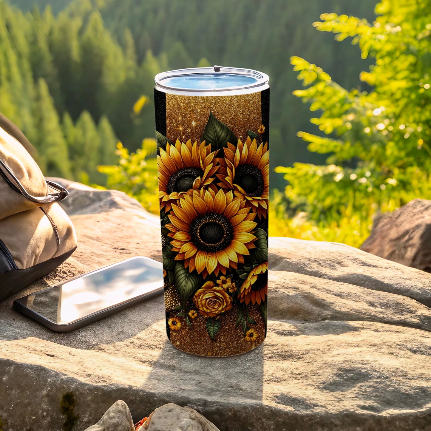 Sunflower and Glitter Design Tumbler Cup for Outdoor Use