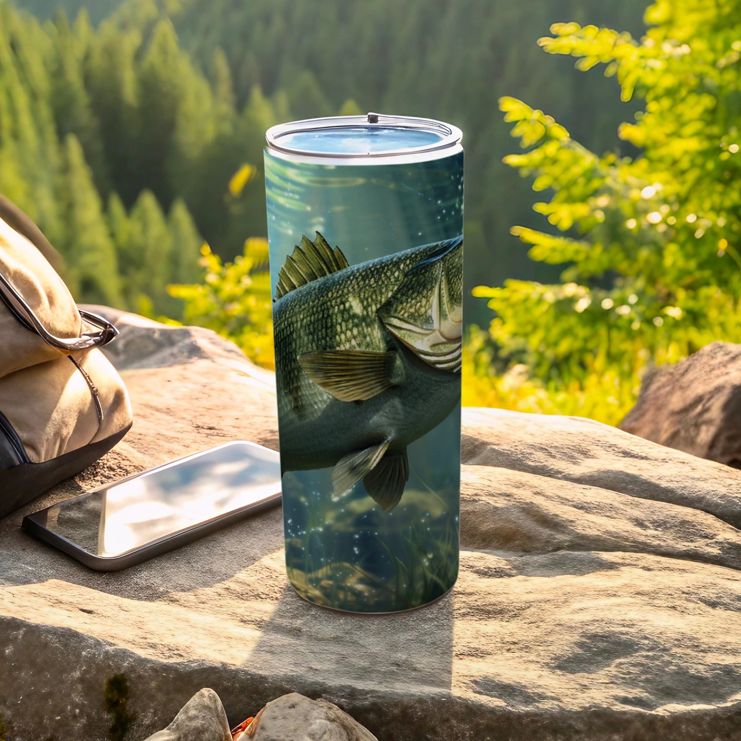 Largemouth bass swims underwater on a fishing tumbler, outdoors scene.