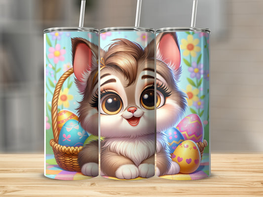 Cartoon cat with Easter eggs in a basket, pastel floral background.