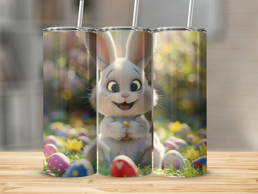 Easter bunny holding an egg among colorful eggs in a garden.