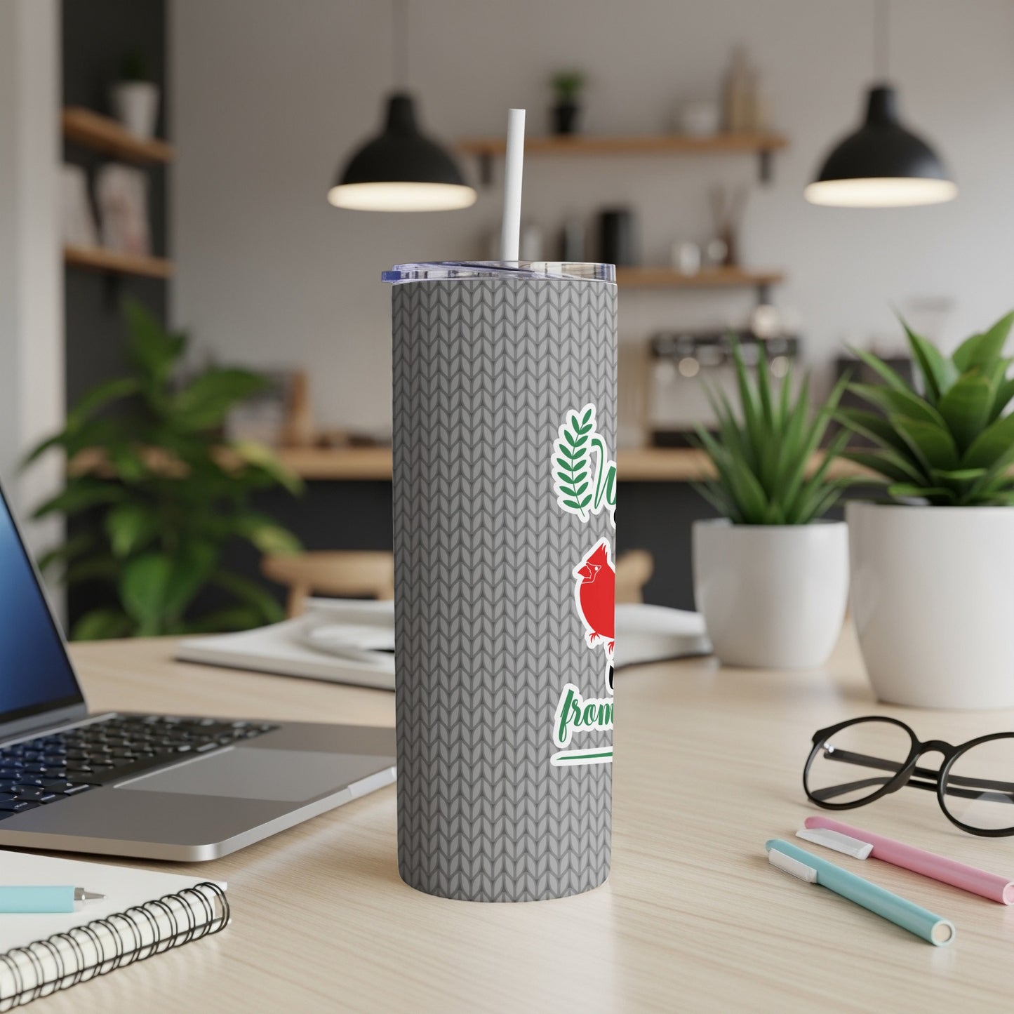 Gray textured tumbler with green wreath, cardinal, and "Merry" text.