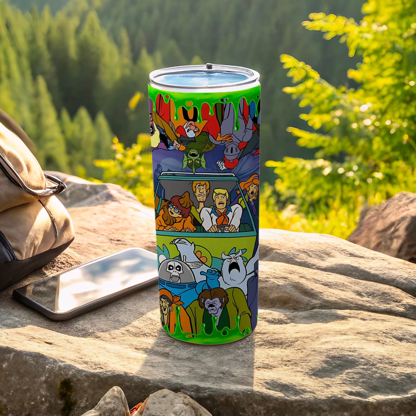 Scooby-Doo characters and monsters wrap around a green tumbler.