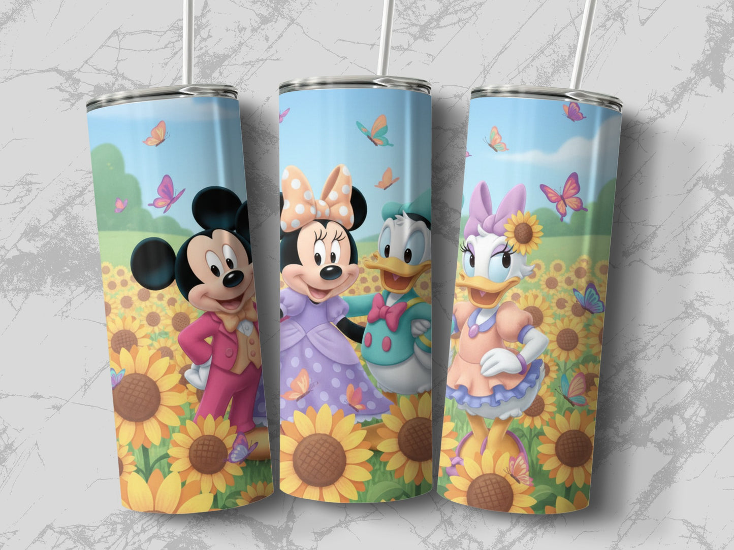Cute Cartoon Characters with Sunflowers Tumbler Cup