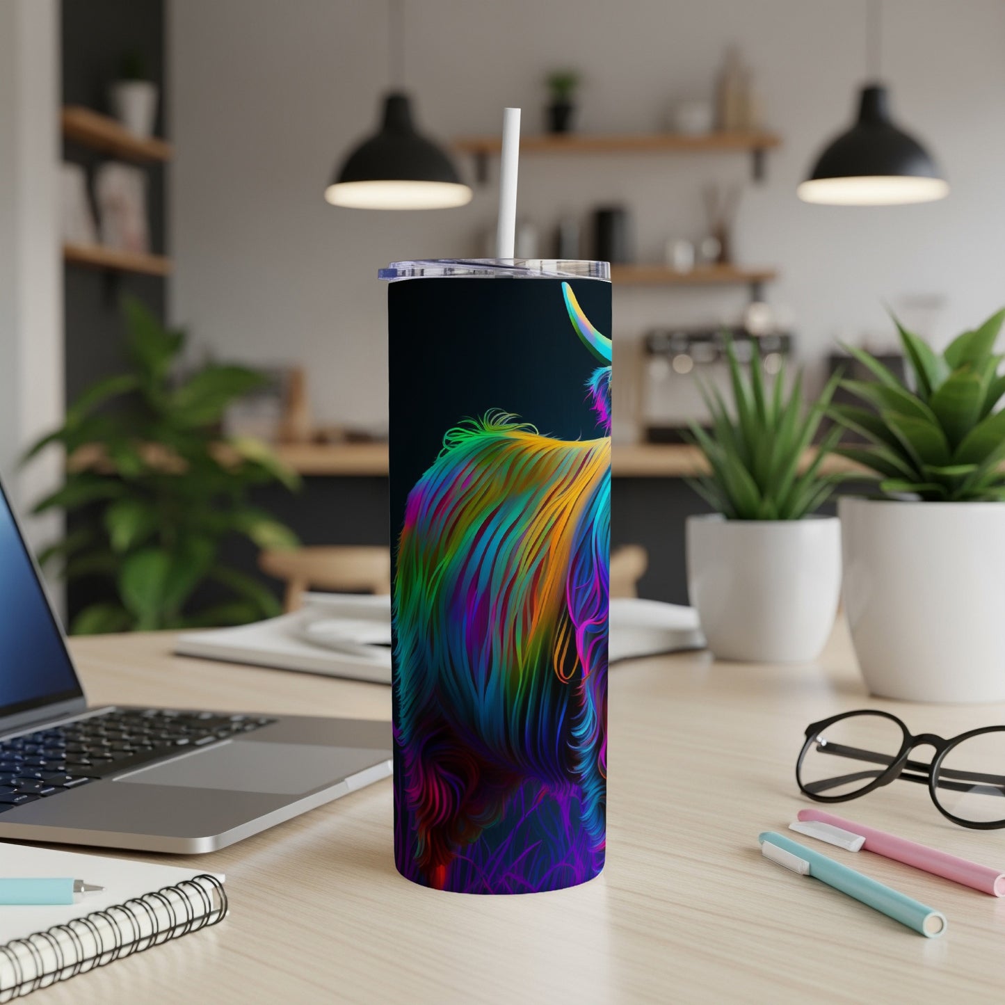 Colorful Highland cow design on a black insulated tumbler with straw.