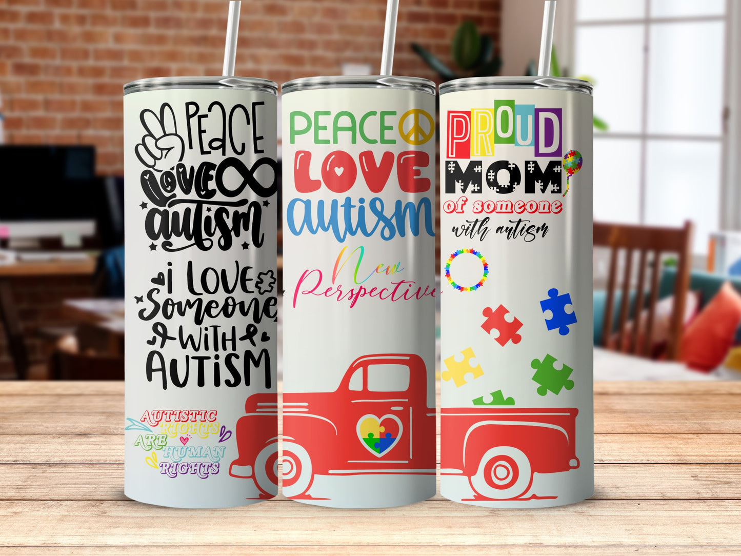 Peace Love Autism Proud Mom Quote Tumbler