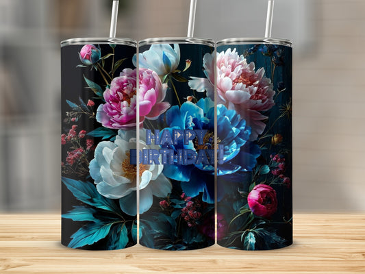 Three tumblers with floral designs and "Happy Birthday" text.