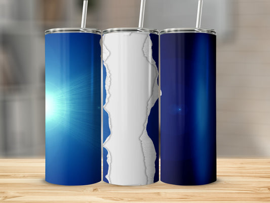 Three blue tumblers with torn paper design and sunburst effect.
