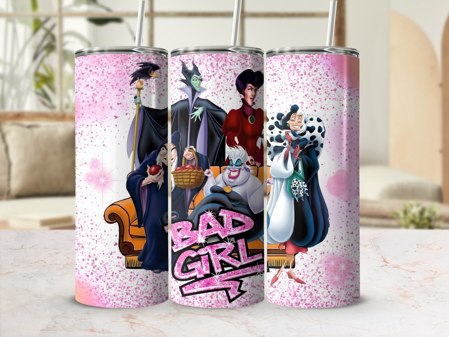 Villain Characters with Pink Splash Design Tumbler