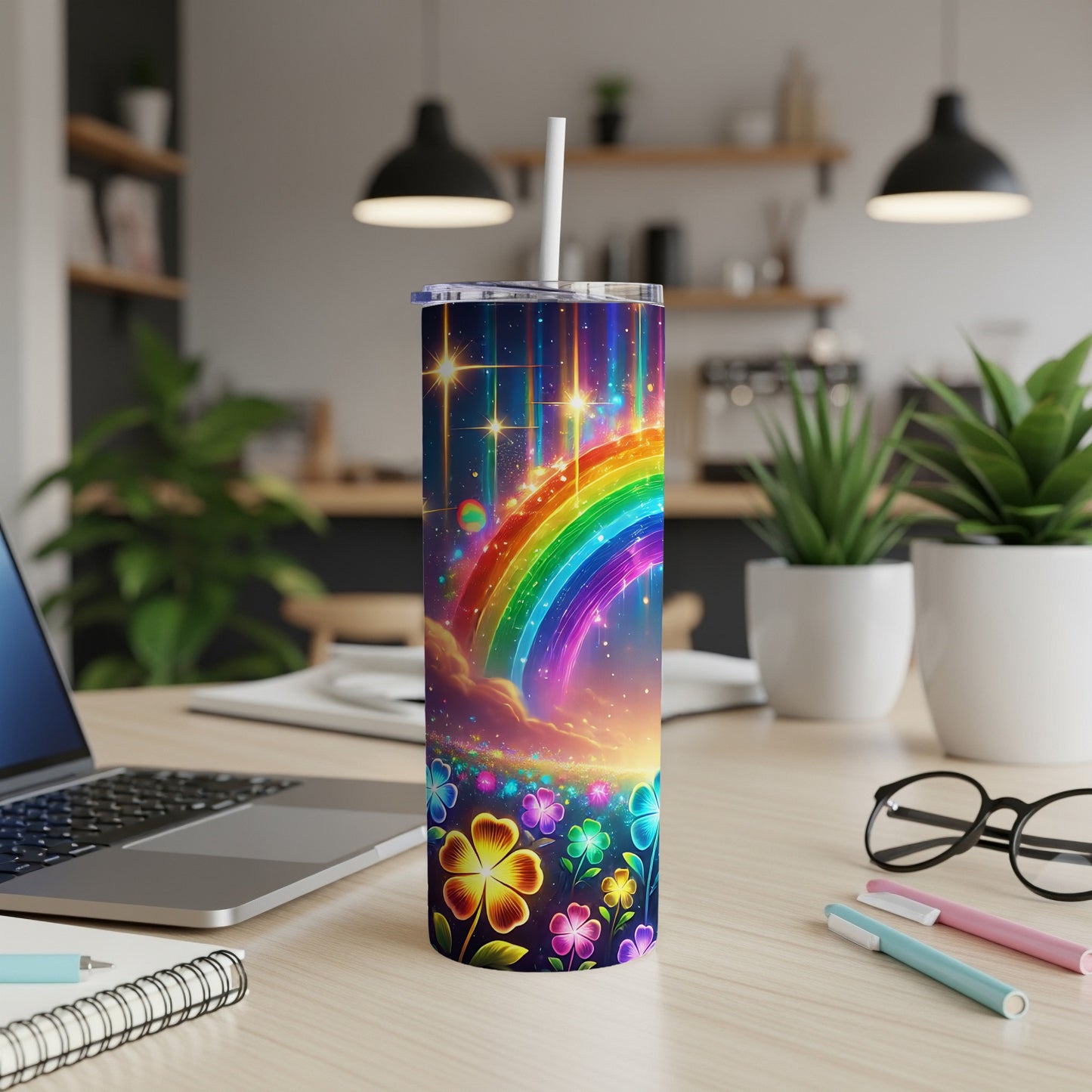 Rainbow and floral pattern on a white tumbler with straw on a desk.