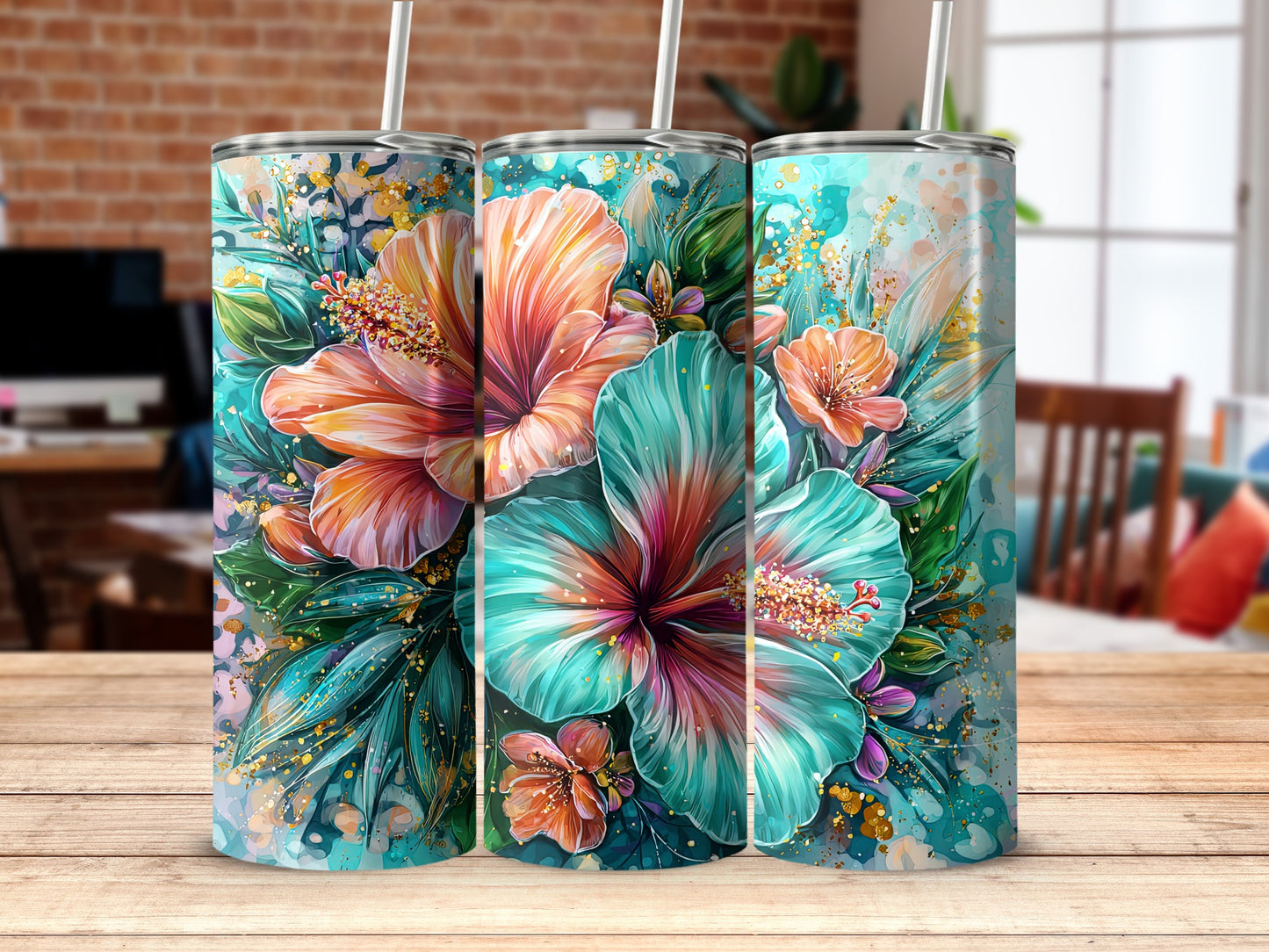 Vibrant Floral Design Insulated Tumbler with Straw