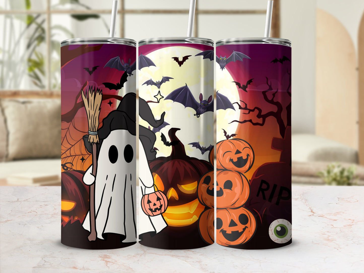 Spooky Halloween Themed Tumbler with Ghost and Pumpkins