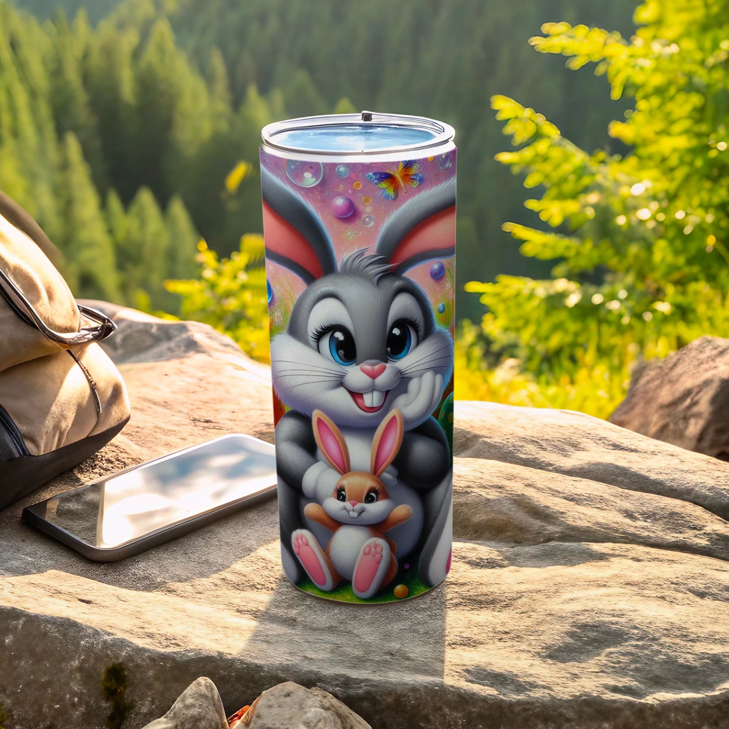 Cartoon Bunny Rabbit Butterfly Bubbles Nature Scene tumbler