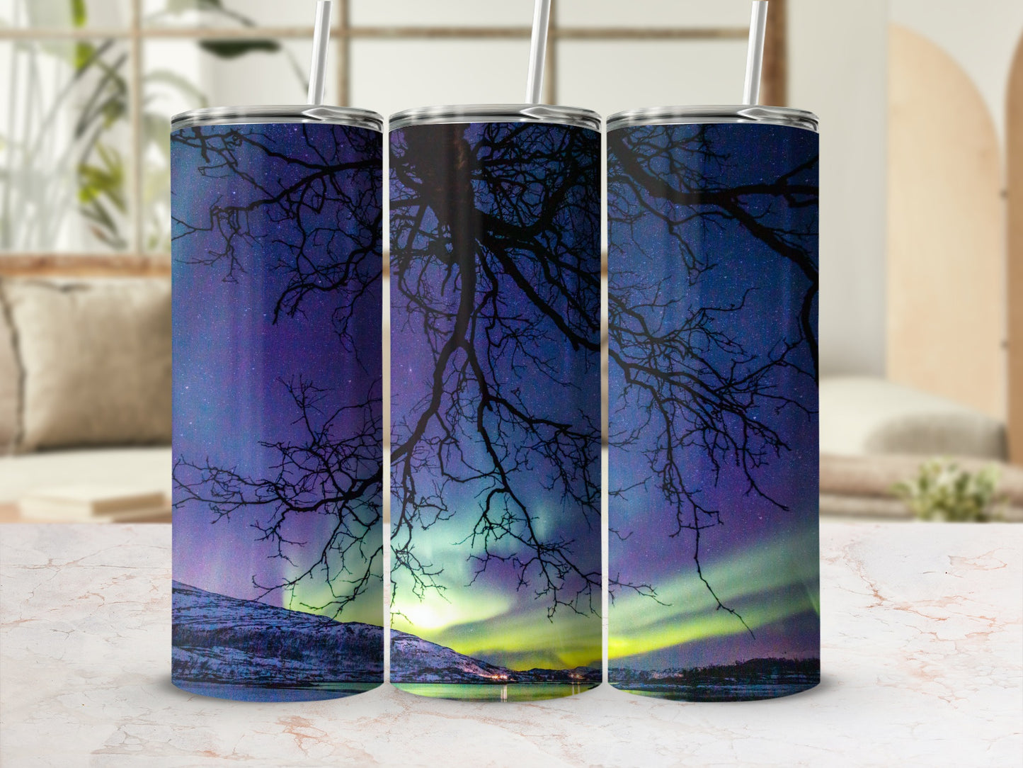 Aurora Borealis and Tree Branch Design Tumbler