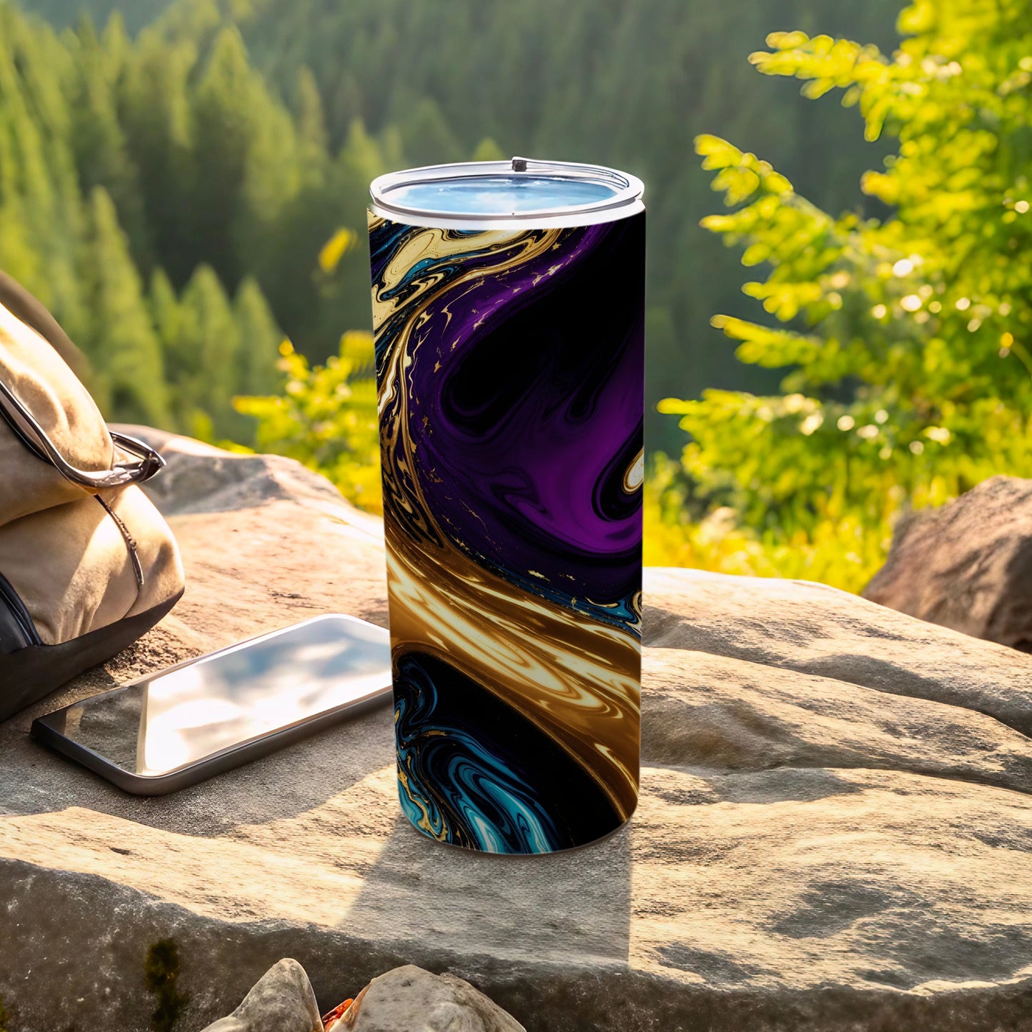 Tall tumbler with swirling purple, gold, and blue abstract pattern.