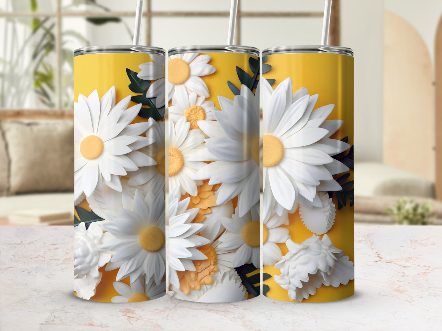 Beautiful Daisy Pattern on Vibrant Yellow Tumbler