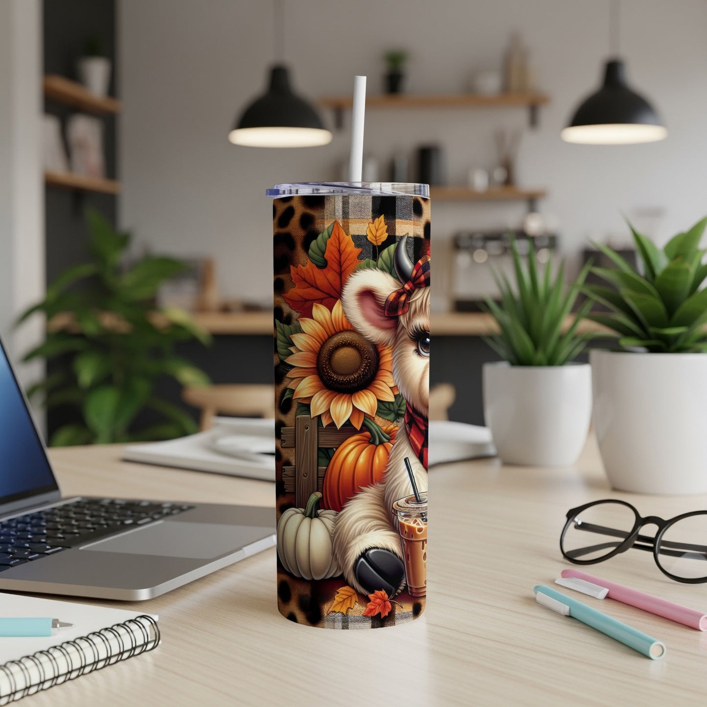 Tumbler with cute cow, sunflowers, pumpkins, and leopard print design.