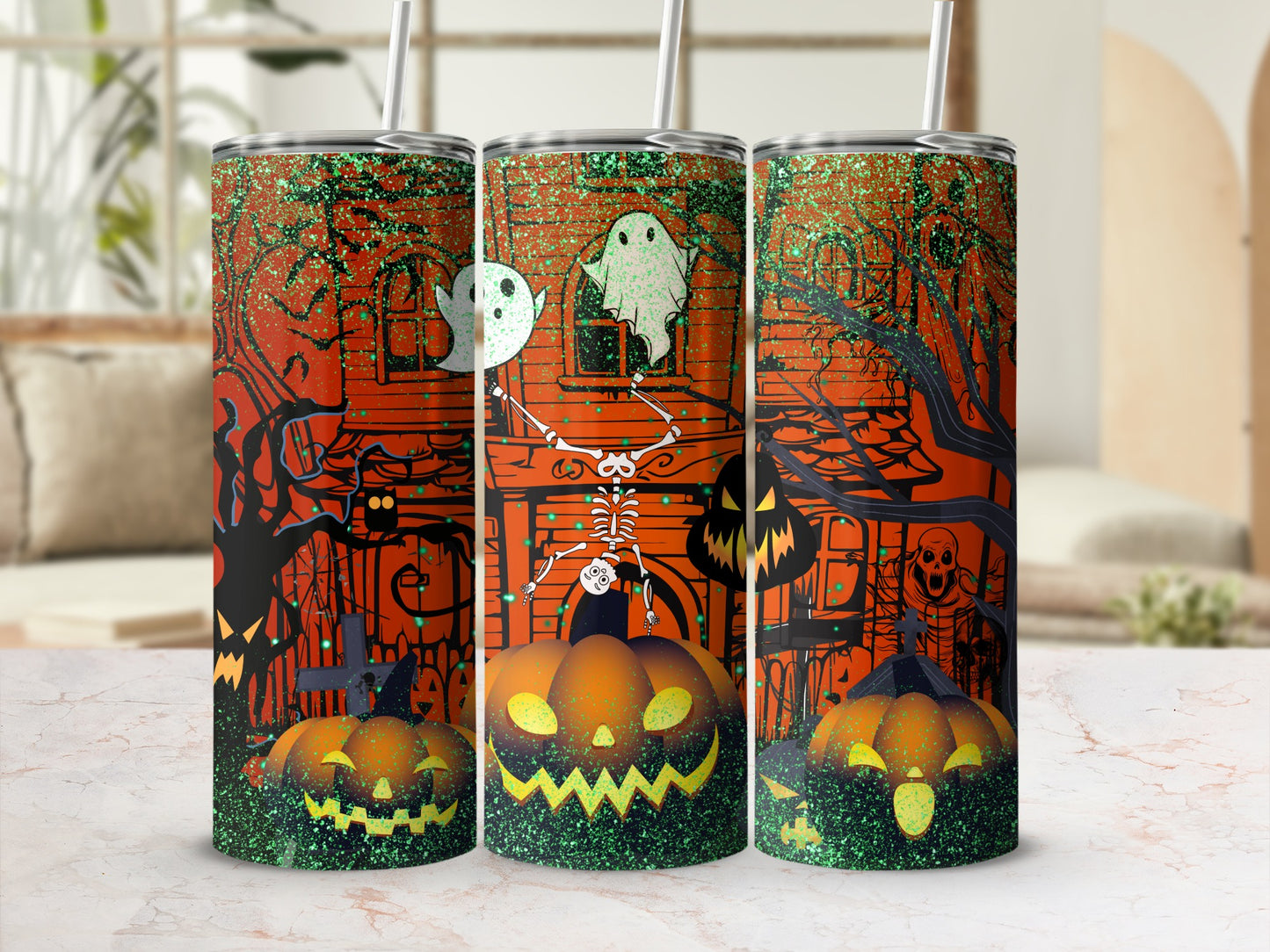Festive Halloween-Themed Spooky Tumbler with Ghosts