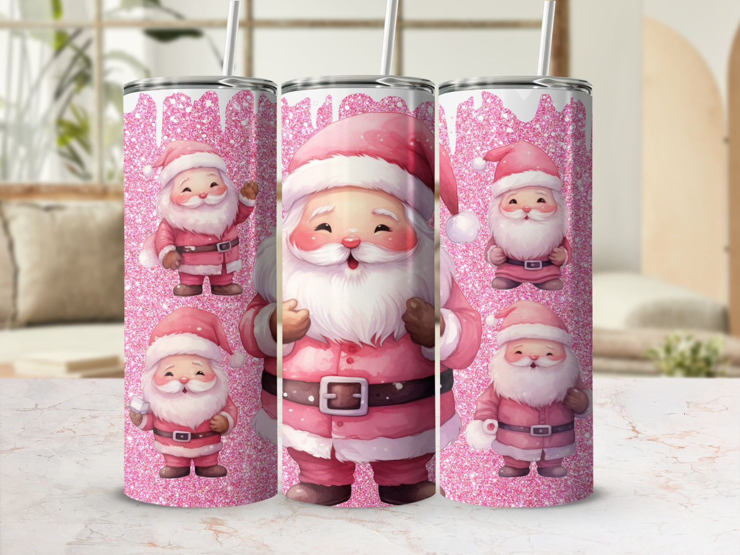 Pink Glitter Santa Claus Christmas Tumbler Flask