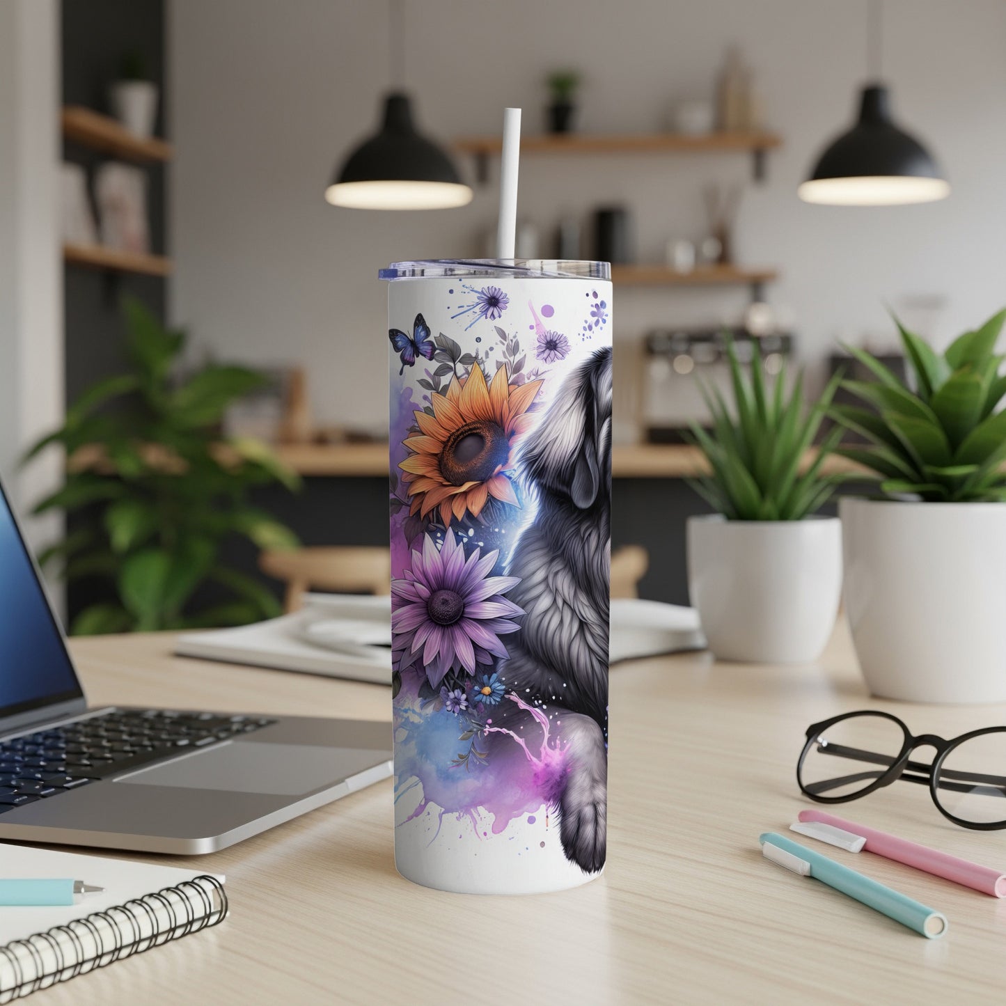 Tumbler with a dog and floral watercolor design, featuring sunflowers and butterflies.