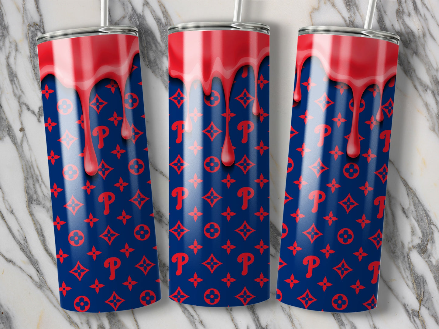Red Drips Philadelphia Phillies Pattern Dark Blue Background Tumblers