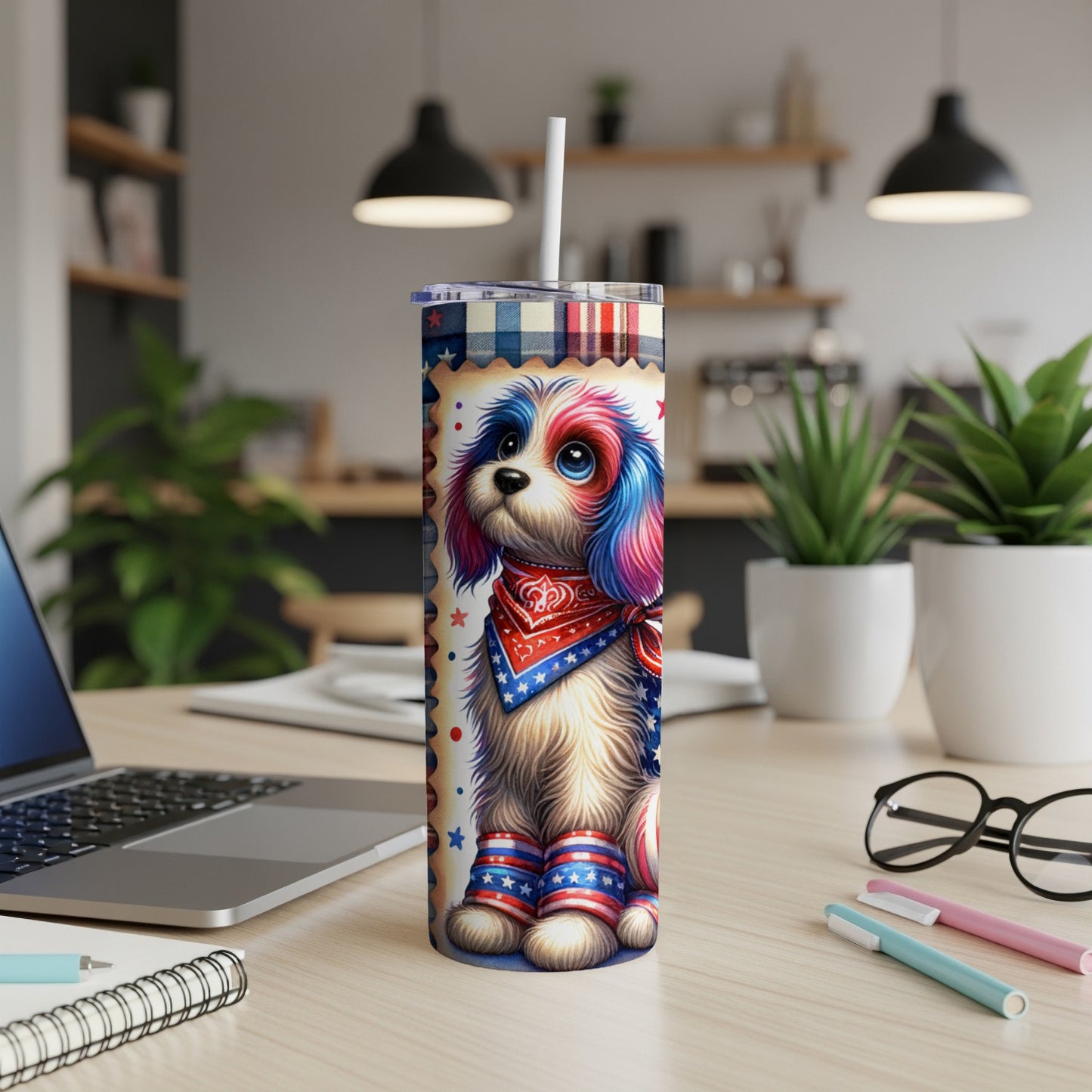 Puppy with patriotic bandana and socks on a tumbler.