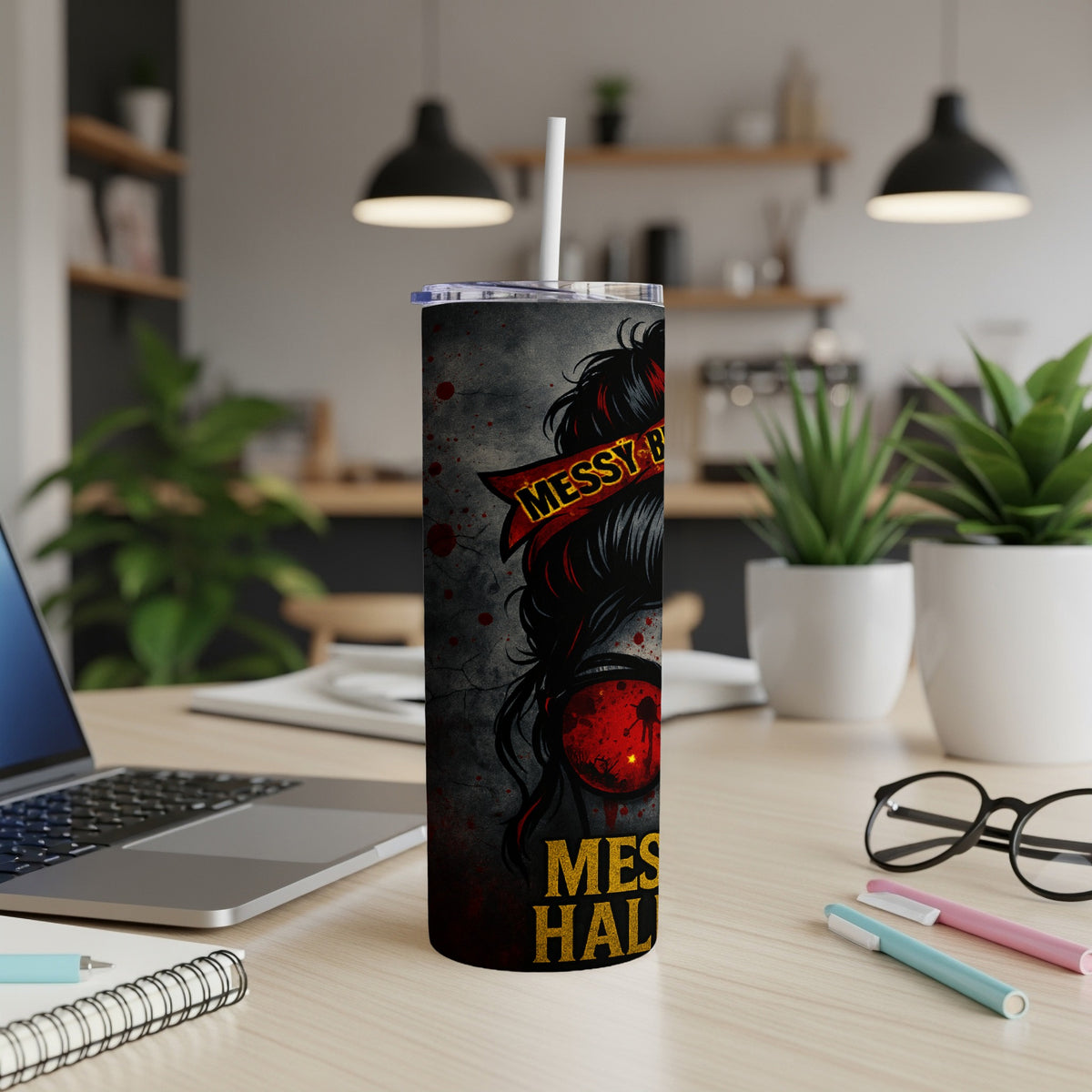 Tumbler with messy bun graphic and "Messy B" text, featuring a Halloween theme.