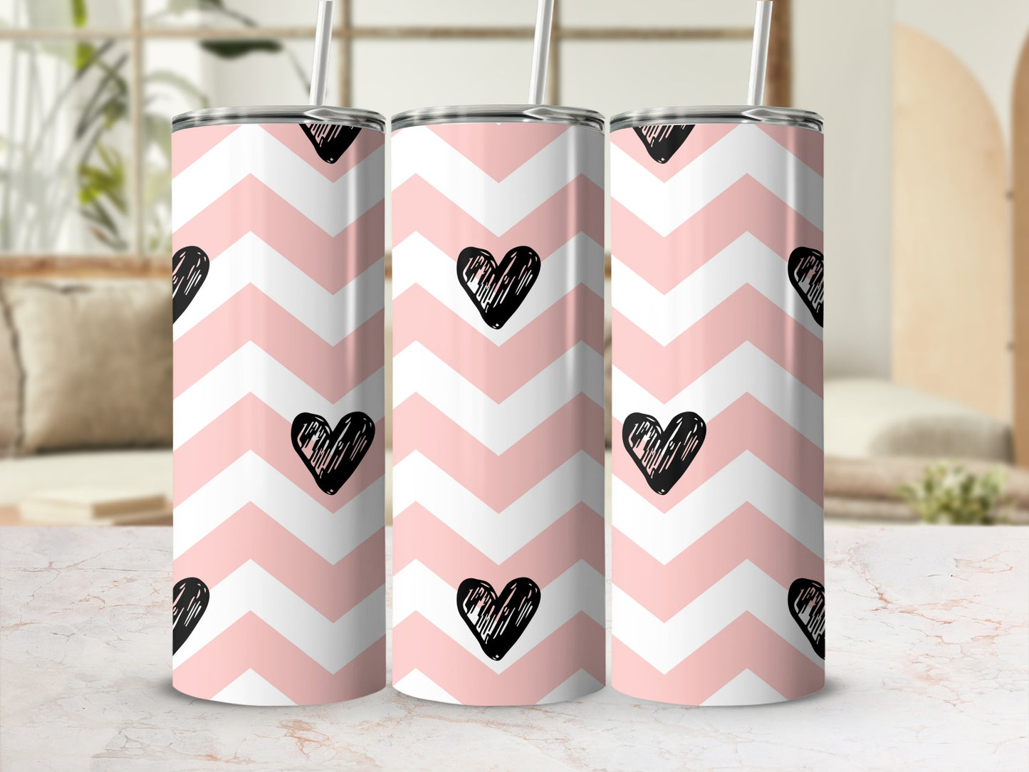 Pink Chevron Pattern Tumbler with Black Hearts Design