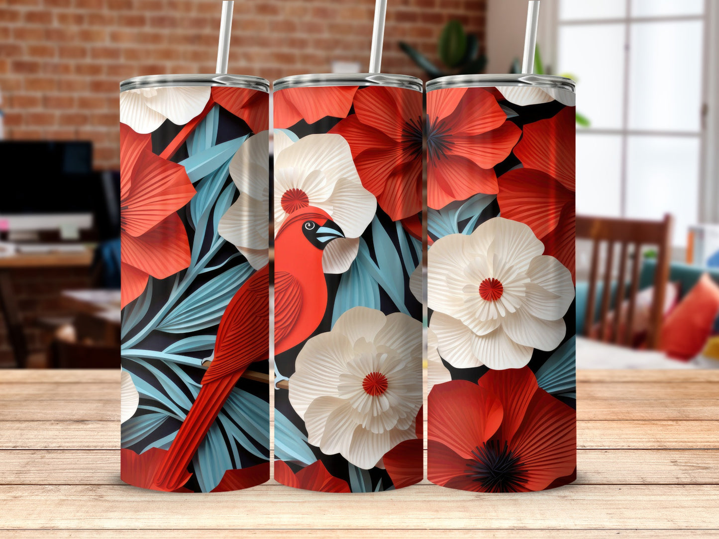 Vibrant Floral Design with Red Bird Stainless Steel Tumbler