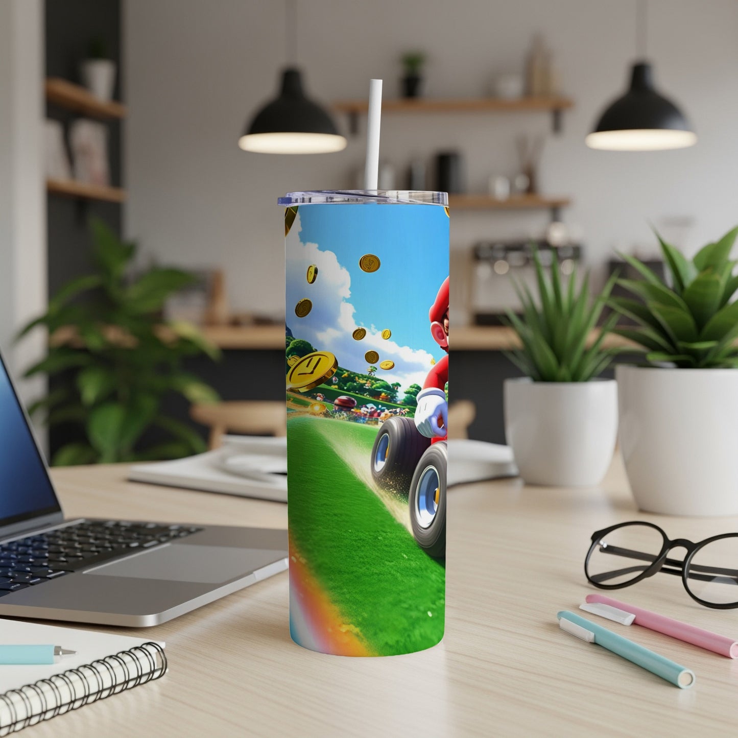 Mario Kart tumbler with coins and rainbow road graphic.