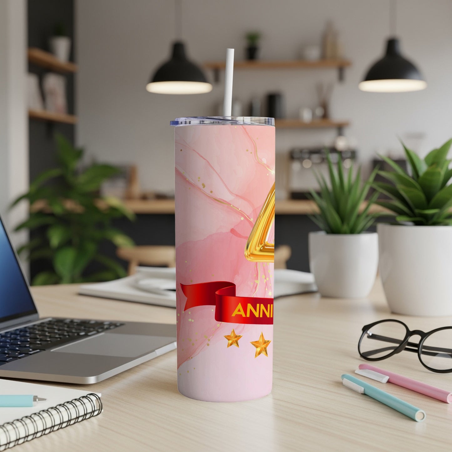 Pink marble tumbler with "4th Anniversary" text and gold balloons.