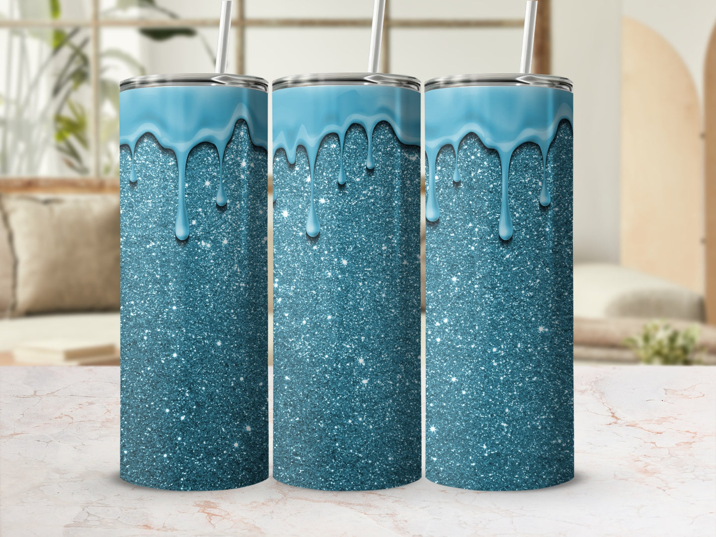 Glittery Blue Drip Insulated Tumbler Flask Product