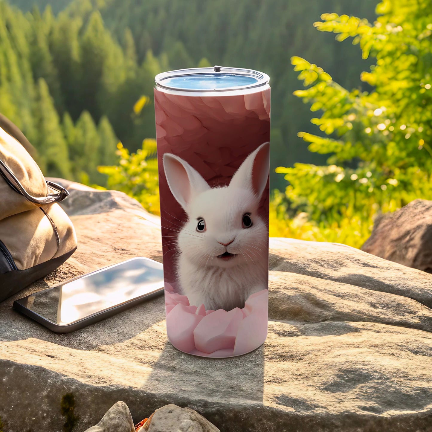 Charming White Bunny Tumbler with Nature Background