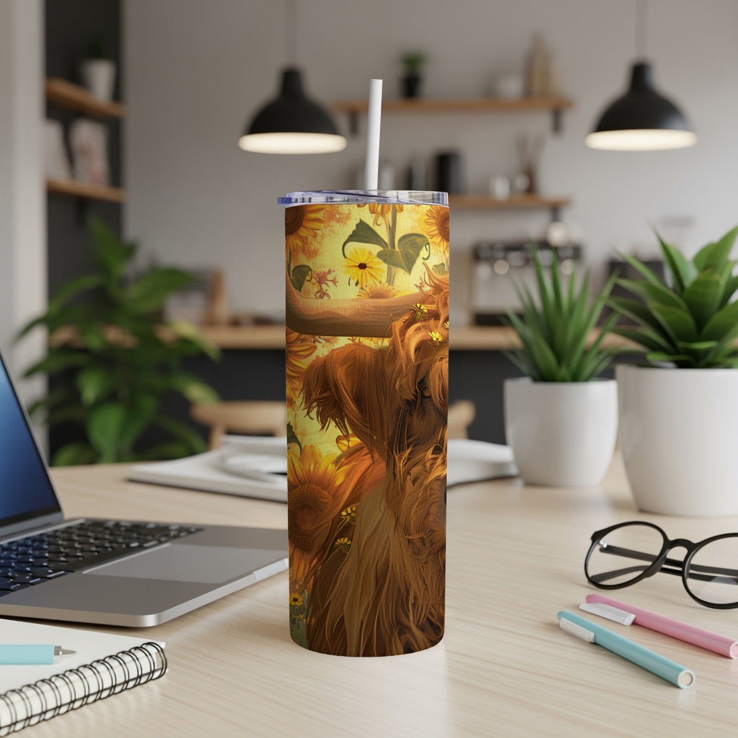 Brown Highland cow with sunflowers on a tall tumbler with a straw.