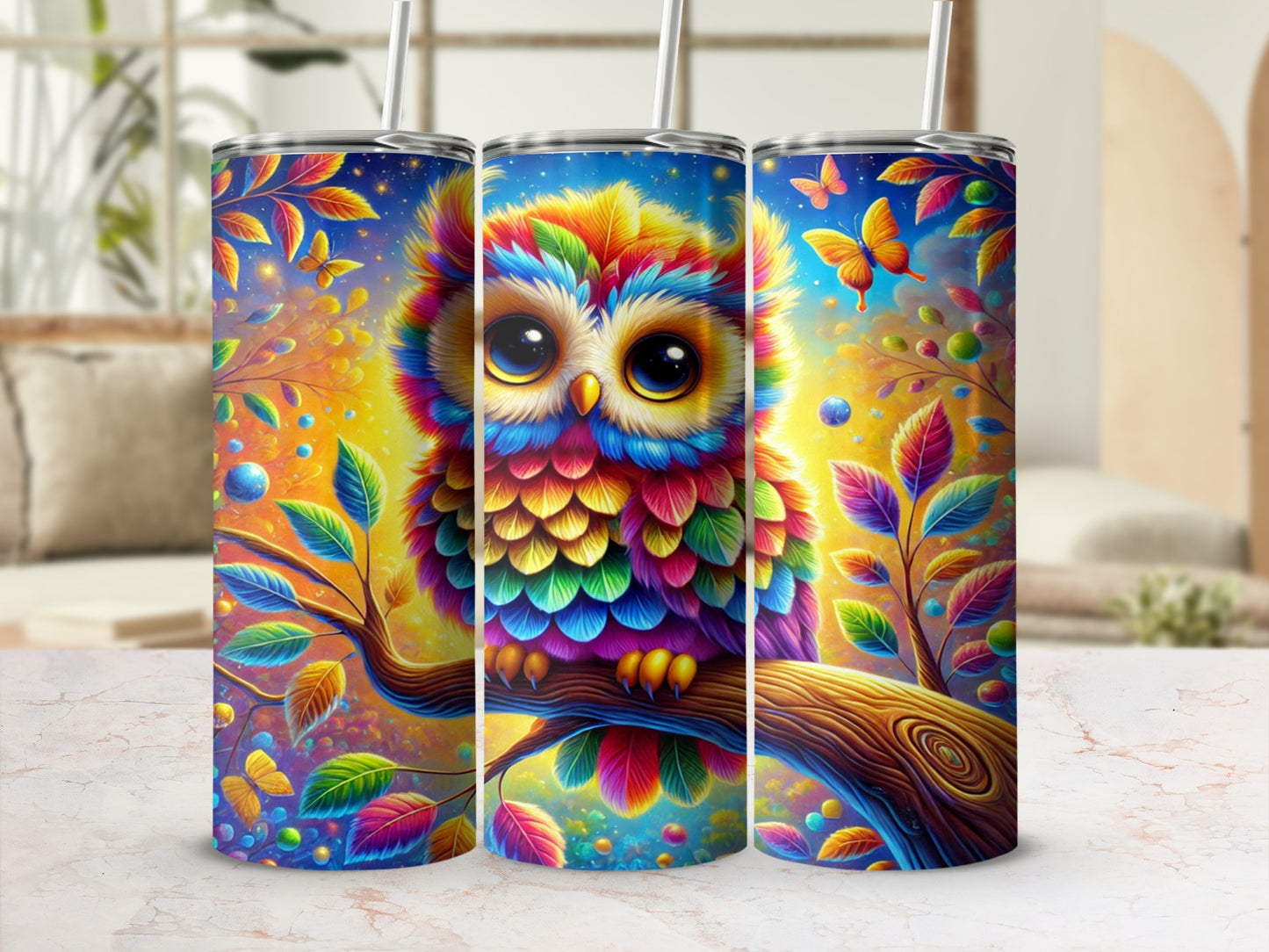 Colorful Owl and Butterflies Art Tumbler Product