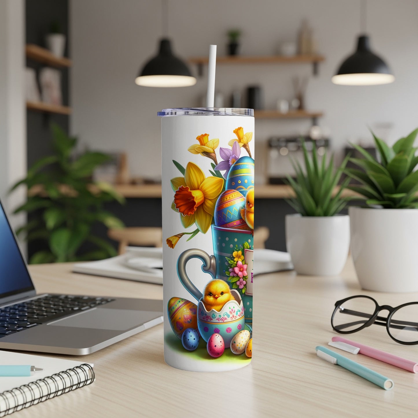 Easter themed tumbler with chicks and decorated eggs.