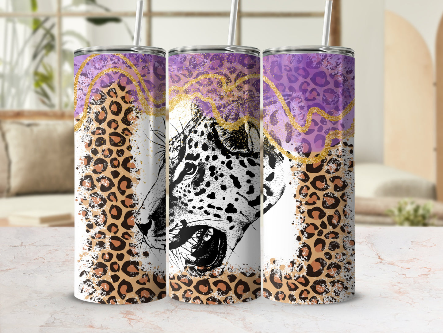 Leopard Art Purple and Gold Tumbler Cup 20 Oz