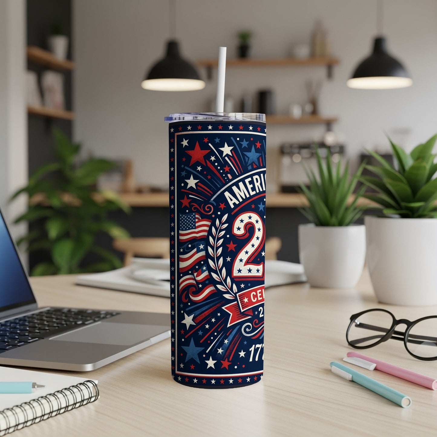 American flag and stars design on a skinny tumbler with straw.