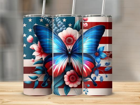 Three tumblers with American flag and butterfly designs.