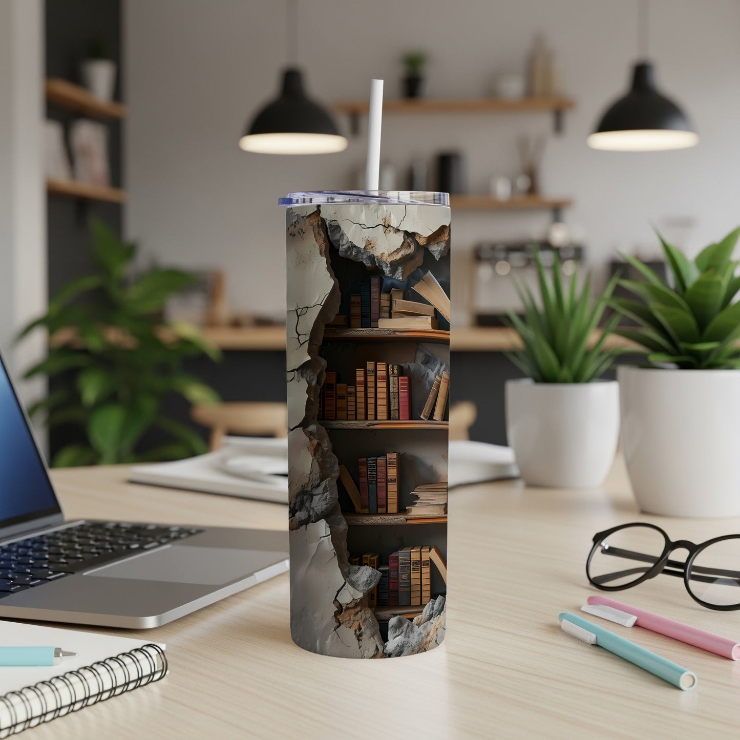 Tumbler with cracked plaster design revealing bookshelf with books.