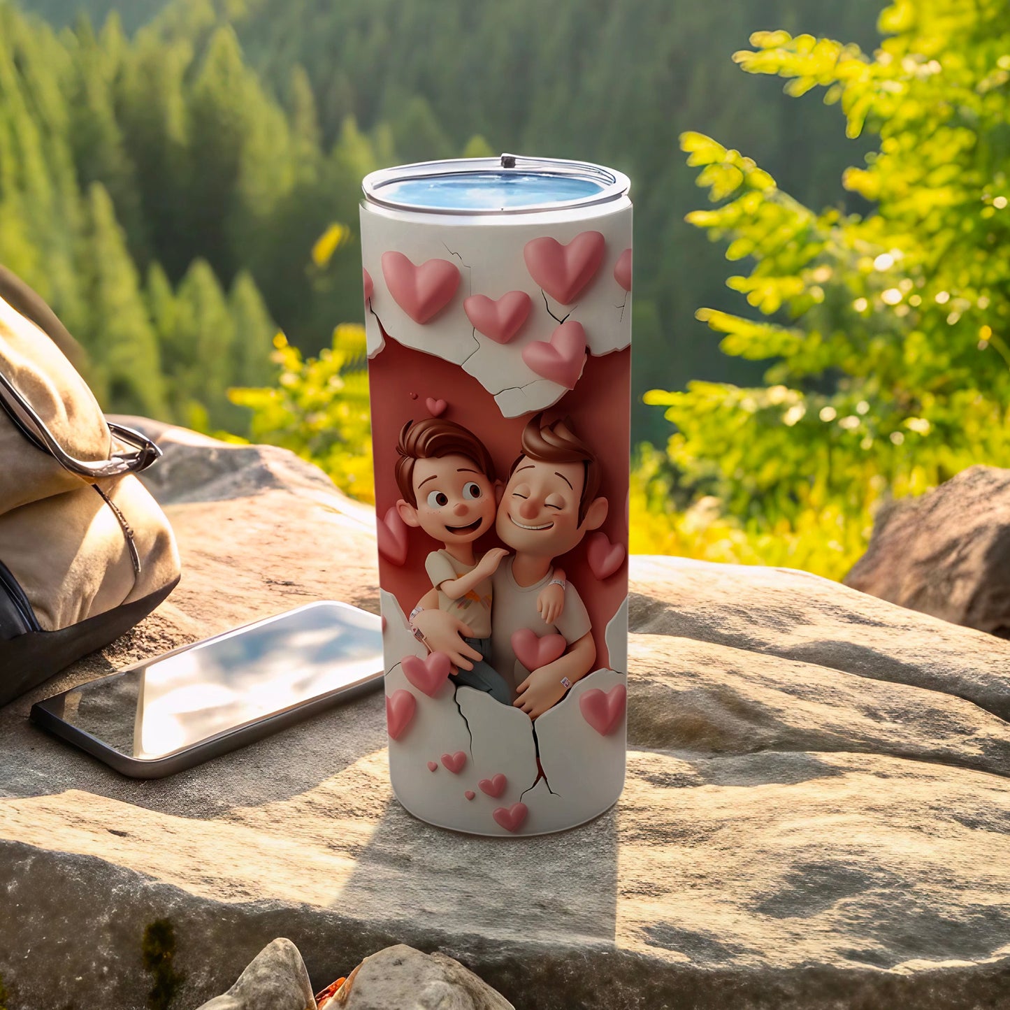 Tumbler with cartoon couple embracing surrounded by pink hearts.