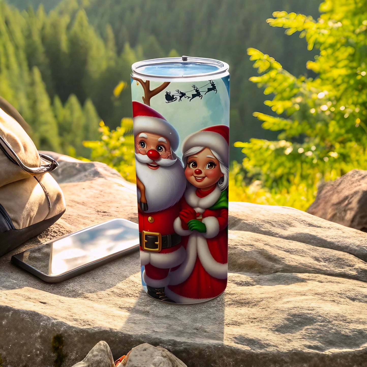 Santa and Mrs Claus Holiday Tumbler with Scenic Background