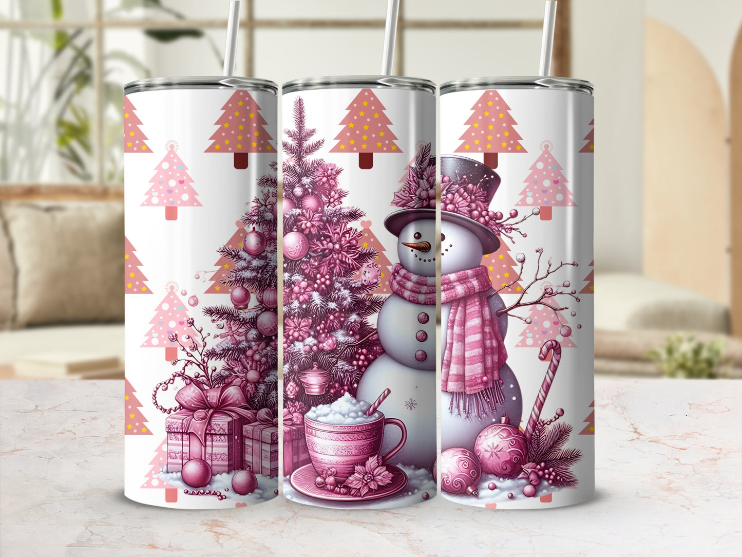 Festive Christmas Themed Tumbler with Snowman and Tree