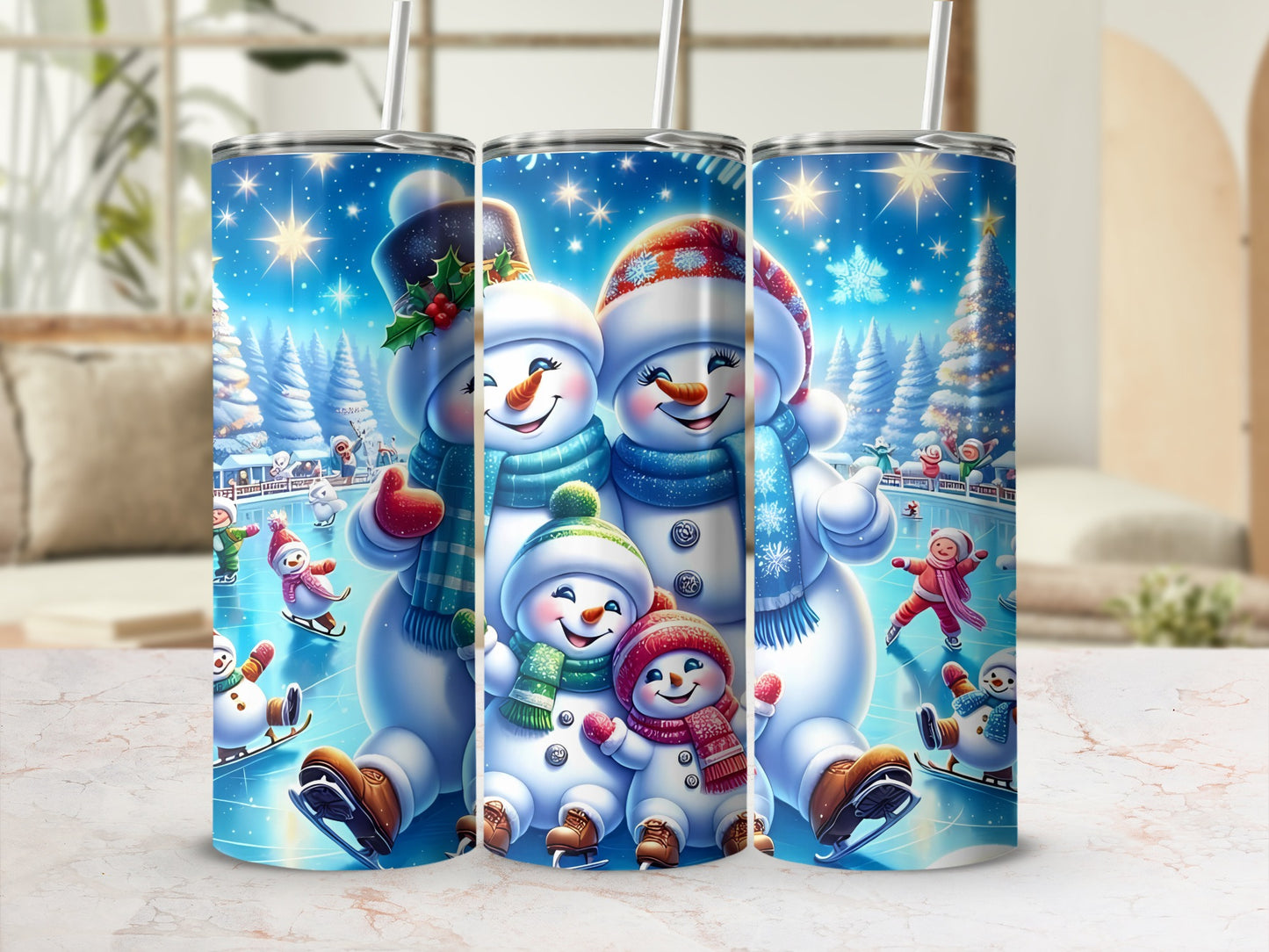 Festive Snowman Family Ice Skating Tumbler Cup